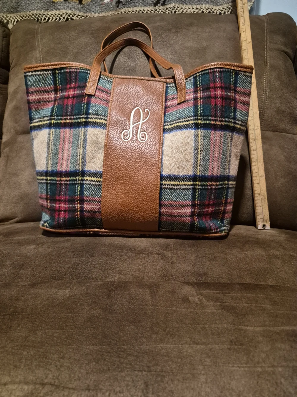 Plaid Tote with Brown Leather Center Panel and Monogram Accent